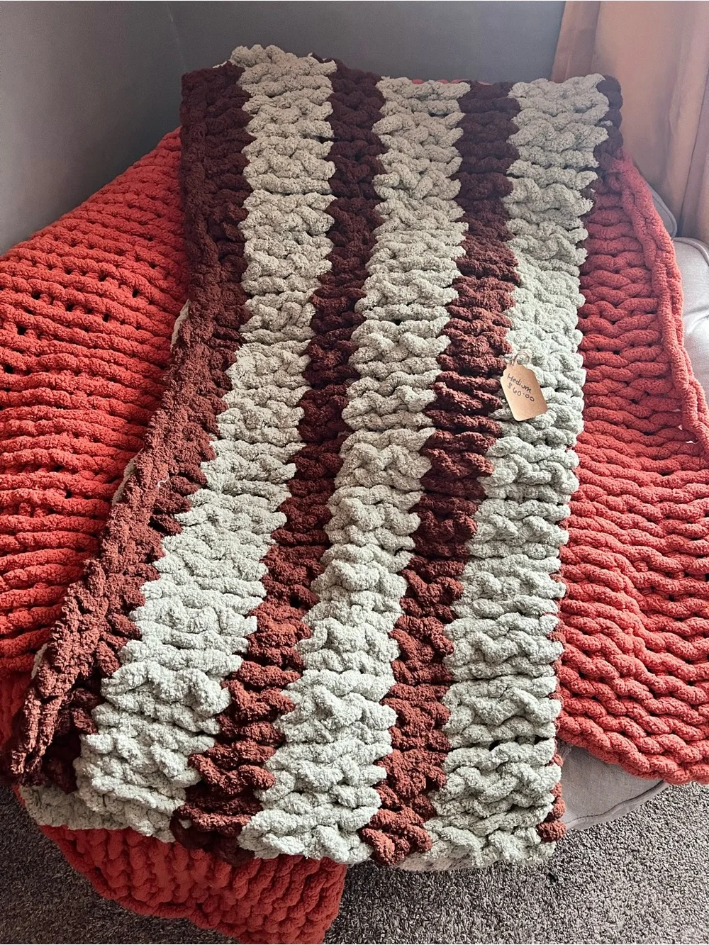 Cozy Striped Chunky Knit Throw Blanket - Rust & Cream
